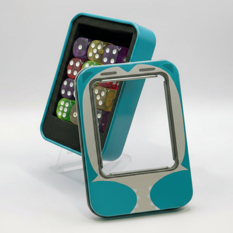 Teal phone stand with dice on a white background